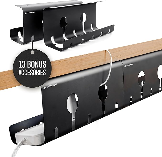 No-Drill Under Desk Cable Management Tray - 2-Pack Wire Organizer for Standing Desk - Cord Management System with Power Strip Holder - L