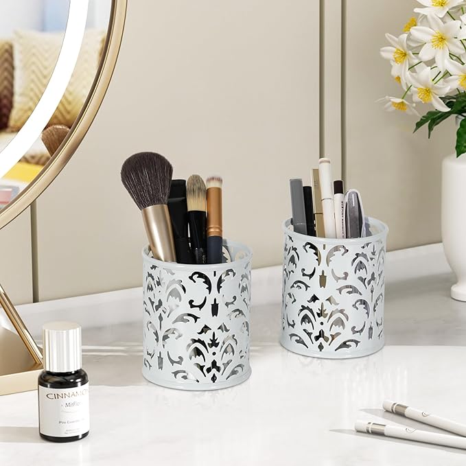 EasyPAG Metal Round Pencil Holder 2 Pack Pen Cup Holders Organizer for Desk, White