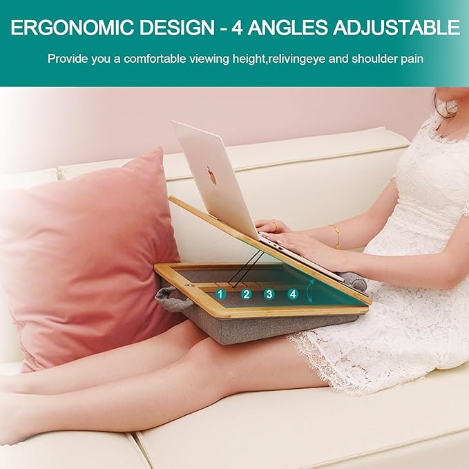 Lap Desk Laptop Tray with Cushion Portable Bed Tray Desk, Adjustable Angle Lap Desk with Tablet Phone Holder, for Home Office, Sofa, Bed, Couch and car. Bamboo Cushioned Laptop Table Tray