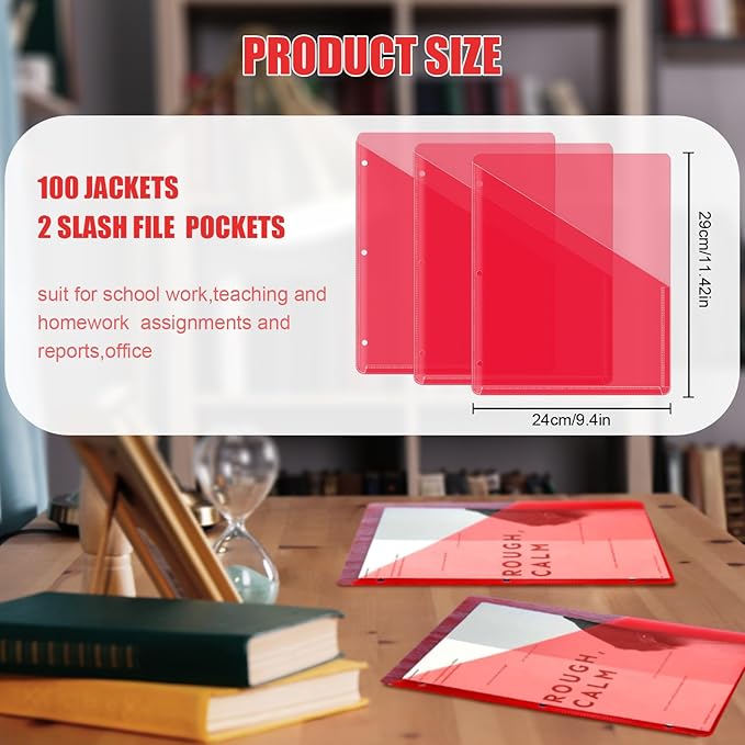 Seajan 100 Pcs Pocket Folders for 3 Ring Binder Clear Plastic Folders Sleeves with 2 Pockets 3 Hole Punch Binder Dividers Poly Slash File Jackets for Office School Document Organizer (Red)