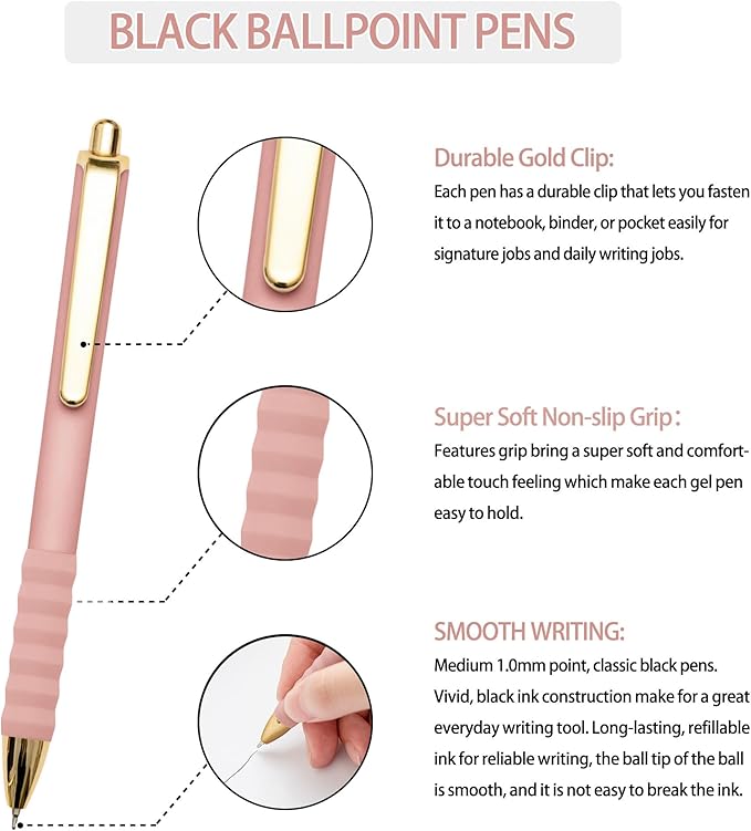 Linbsunne Ballpoint Pens Black Medium Point 1mm Pen with Super Soft Grip Ball Point Pen for Men Women Retractable Pens (Style2, 12-Count)