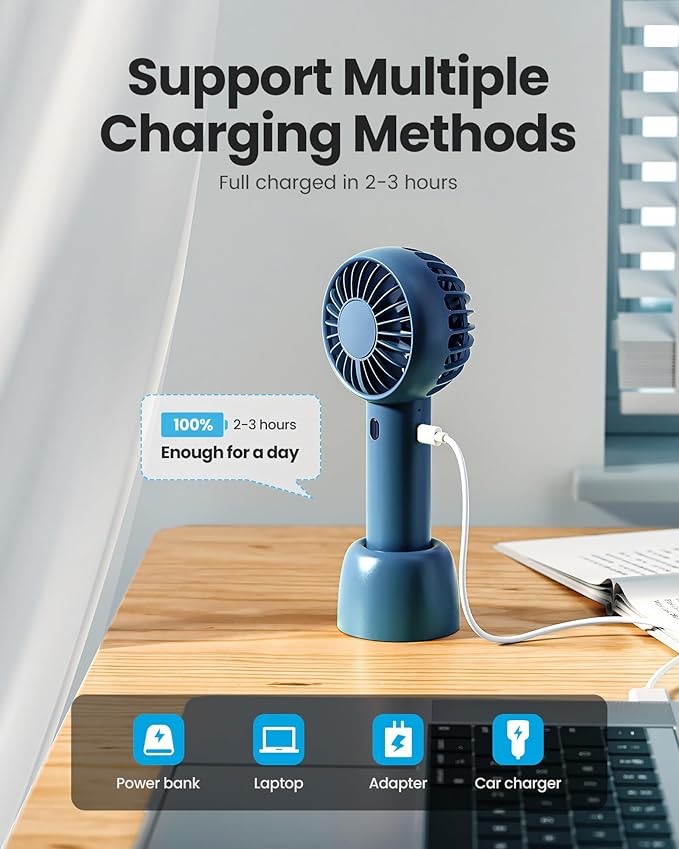Gaiatop Mini Portable Fan, Navy Blue, Cute Design, Powerful Wind, Handheld and Desktop, Rechargeable Battery