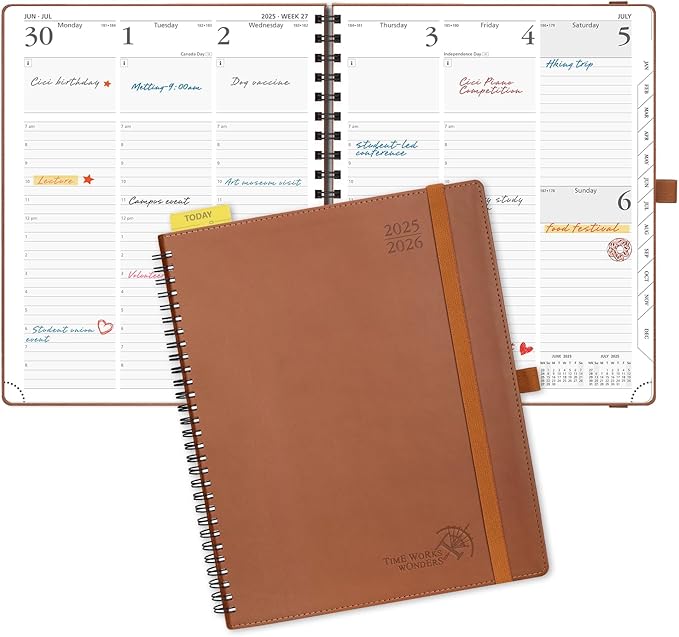 POPRUN Planner 2025-2026 (Large - 8.5'' x 10.5'') Academic Weekly Calendar (July 2025 - June 2026) with Hourly Time Slots, Monthly Tabs, 100GSM Thick Papers, Spiral Leather Cover - Brown