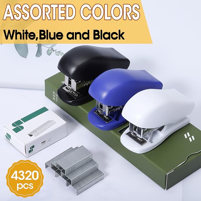9PCS Mini Stapler with 4320 Standard Staples - Portable Small Stapler, 25 Sheet Capacity, Cute Compact Travel Size for Student Office School Home, 3 Colors