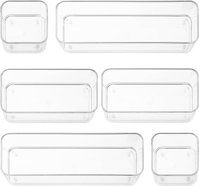 Six Pieces. Plastic Clear Drawer Organizers for Bathroom, Kitchen, Bedroom, Office. Organizer Bins, Storage Trays. Heavy Duty, Stackable, Non-Slip. 3 Sizes