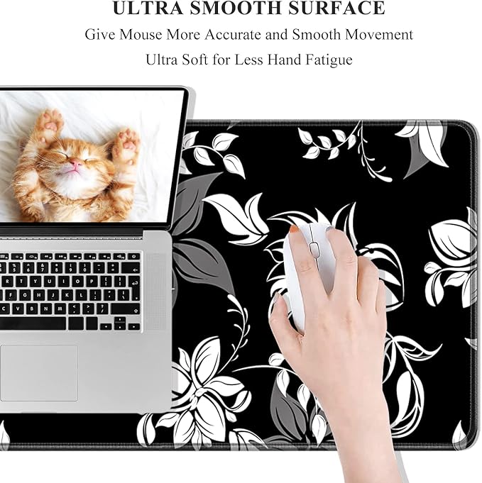 Desk Mat, 32" x 12" XXL Extended Large Gaming Mouse Pad, Desktop Decor Desk Pad, Cute Men Women Office Supplies and Accessories, XL Mouse Mat for Laptop & Keyboard, Black White Flowers