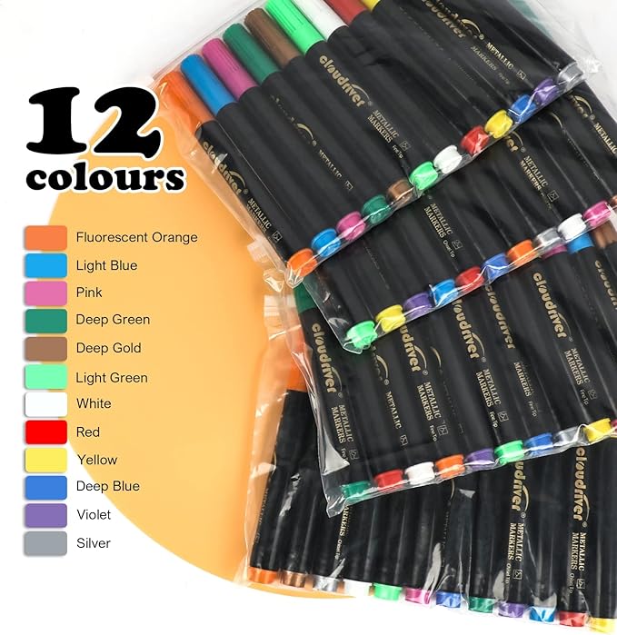 cloudriver Metallic Marker Pens, 48 Count, 12 Assorted Colors, Fine and Chisel Tip, Metallic Marker Pens For Black Paper, Art Rock Painting, Easter Egg, Card Making, Scrapbook Crafts