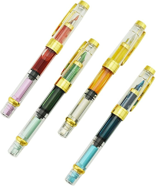 Lanxivi 4 PCS Yongsheng 3008 Piston Fountain Pen Fine Nib Transparent Diversity Color Gold Trim Set