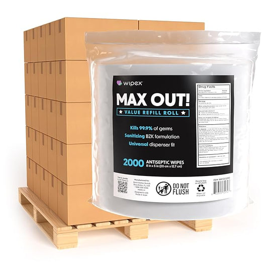 Wipex Max Out Sanitizing Wipes for Fitness Centers - 2000 Wipes Roll, Economy Refill Rolls for Dispensers, 5"x8" - Ideal for High Volume Commercial Use, 120 Rolls (Palletized Delivery)