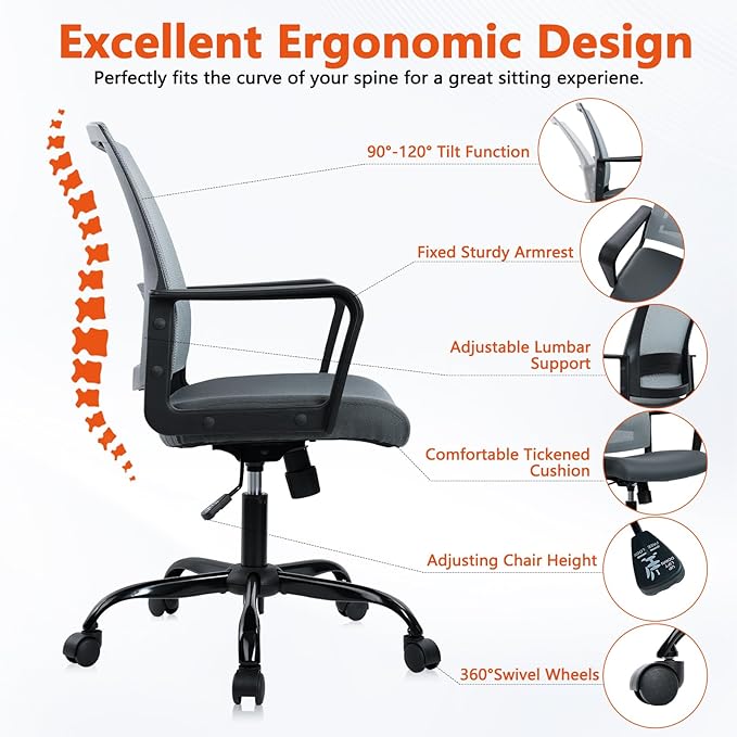 CLATINA Ergonomic Office Desk Chair - Mesh Office Chair with Adjustable Lumbar Support, Rolling Comfortable Computer Task Chairs with Arms for Home Conference-Gray, 8 Pack