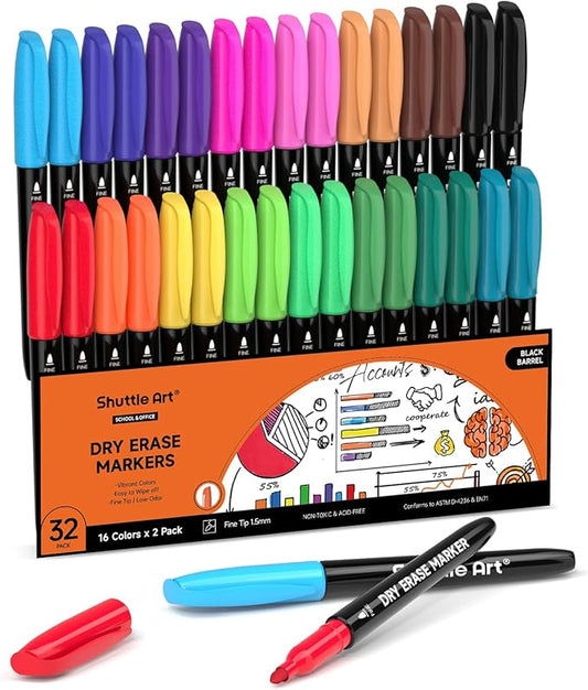 Shuttle Art Dry Erase Markers, 32 Pack 16 Colors Whiteboard Markers,Fine Tip Dry Erase Markers for Kids,Perfect For Writing on Whiteboards,Dry-Erase Boards,Mirrors,Calender,School Office Supplies