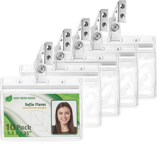 EcoEarth Horizontal PVC ID Badge Holder with Metal Clips and Vinyl Straps with Soft Edge (Sealable Fits 3.5x2.25 inch Inserts) (Clear 10-Pack), Waterproof ID Holder Bulk, ID Card Holder, Name Tag