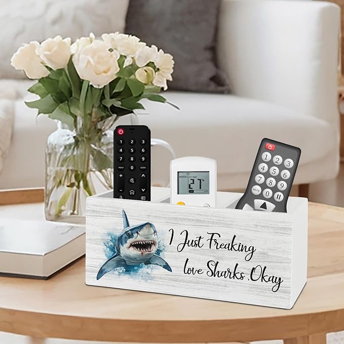 Coastal Beach Shark Pen Pencil Holder Organizer for Desk Accessories, I Just Freaking Love Sharks Okay Wooden Box Sign Desk Decor for Home Office Decoration, Gifts for Shark Lovers