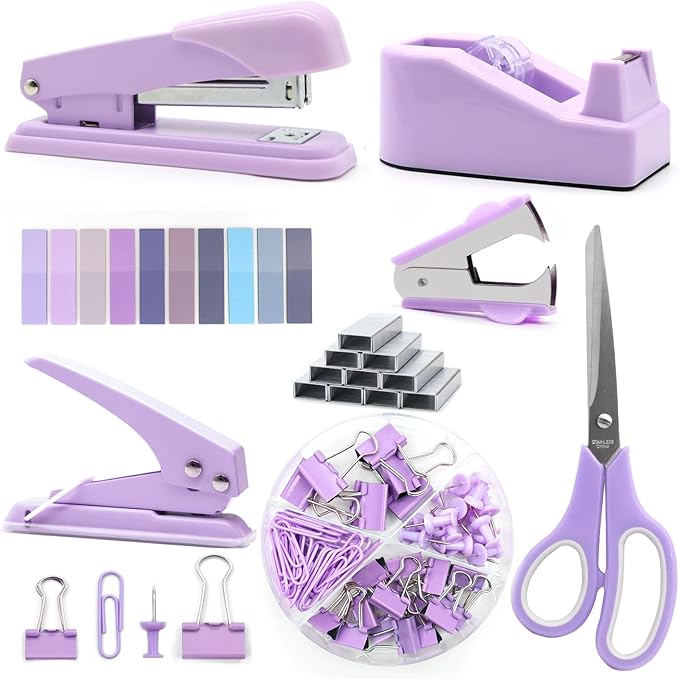 Sportsvoutdoors Purple Desk Accessories, Purple Office Supplies, Stapler and Tape Dispenser Set, Purple Desk Accessory Kit, Gift for Students, Women, Boss Lady, Office Clerks
