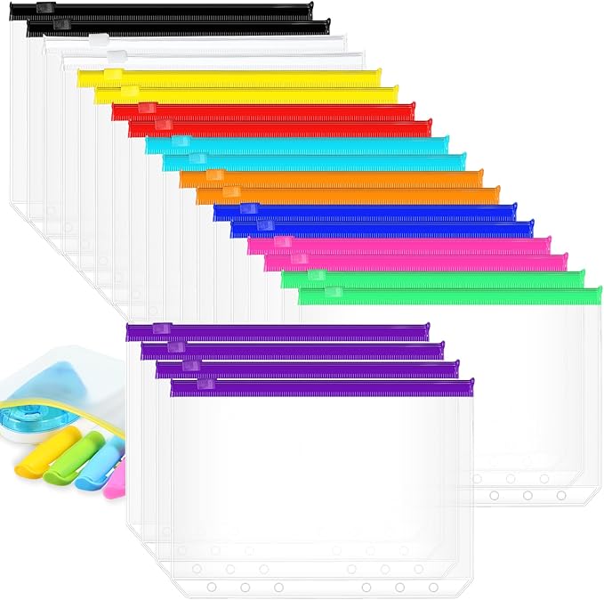 40 Pieces 6 Ring Binder Zipper Pouch, 6 Hole Binder Pockets with Zipper Bulk Binder Folders Plastic Binder Pouch Loose Leaf Bags Waterproof PVC Document Filing Bag(Colorful, B6)