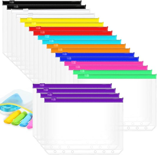 40 Pieces 6 Ring Binder Zipper Pouch, 6 Hole Binder Pockets with Zipper Bulk Binder Folders Plastic Binder Pouch Loose Leaf Bags Waterproof PVC Document Filing Bag(Colorful, B6)