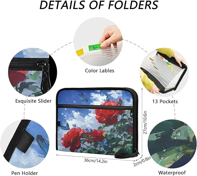 Rose and Blue Sky Expanding File Organizer with 13 Pockets Accordion File Folders with Labels,Portable Document Paper Bill Receipt Organizer,Home College School Office Supplies, Letter Size