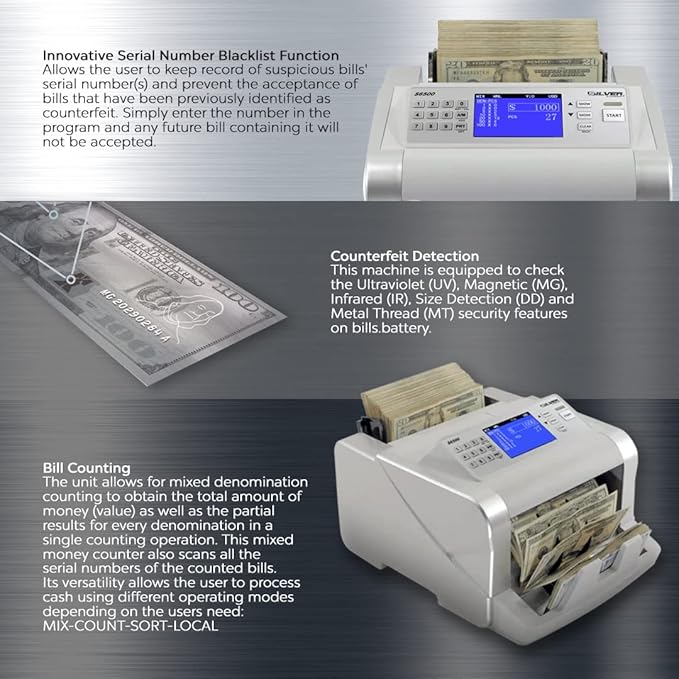 Money Counter Machine, USD EUR CAD GBP MXN Quick Mixed Denomination Bill Counter, 5-Point Counterfeit Detection UV/MG/IR/DD/MT/DBL/HLF/CHN, S6500