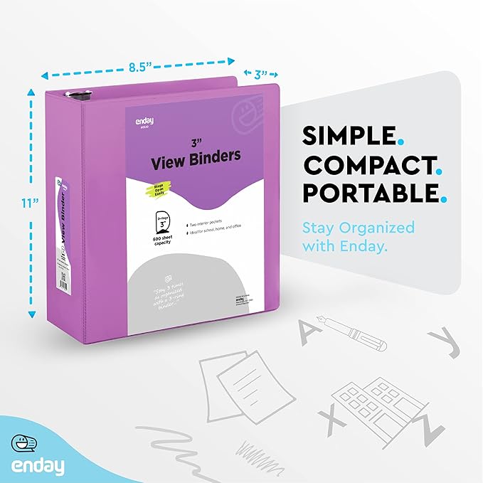 3 Slant D-Ring Binder 3 Inch Purple, 3 in Clear View Cover with 2 Inside Pockets Binder, Heavy Duty Colored School Supplies Binders,Also Available in Green, Grey, Red, Blue, Pink (24 PC) – by Enday