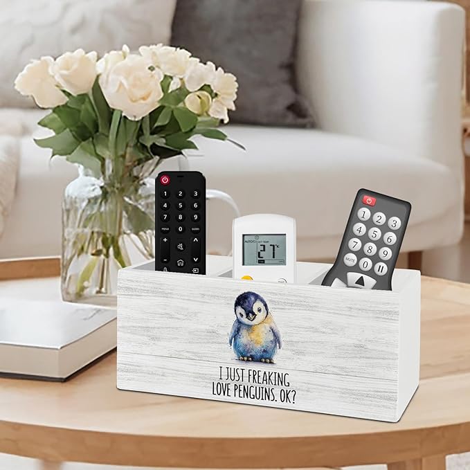 Penguin Gifts Pen Pencil Holder Organizer for Desk Accessories, I Just Freaking Love Penguins Okay Wooden Box Sign Desk Decor for Office Decoration, Cute Penguin Gifts for Women Men