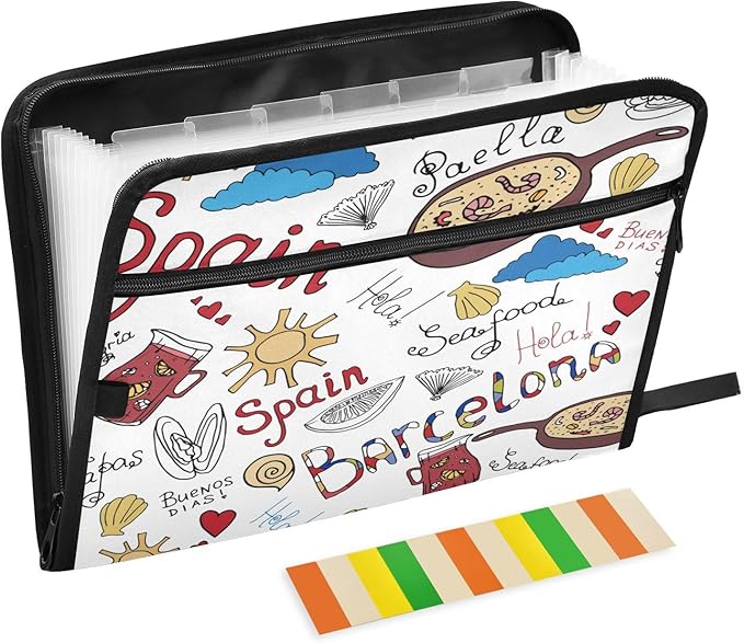 Cute Barcelona Sketch 13 Pockets File Folders Expanding File Folder with Sticky Labels Accordion File Folder with Safe Zipper Document Organizer for Letter A4 Size Paper,Document