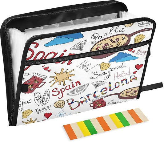 Cute Barcelona Sketch 13 Pockets File Folders Expanding File Folder with Sticky Labels Accordion File Folder with Safe Zipper Document Organizer for Letter A4 Size Paper,Document
