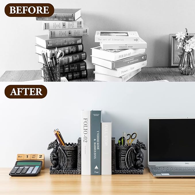 MyGift Gothic Black Resin Dragon Guarding Castle Pencil Cup Bookends, Office Desk Book Ends with Decorative Fantasy Dragons and Stone Tower Pen Holders, 1 Pair