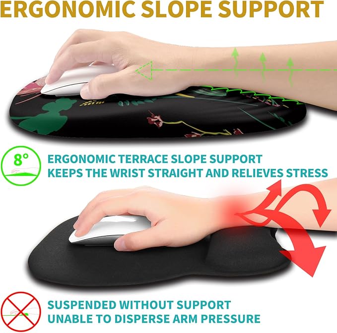 Hokafenle Ergonomic Mouse Pad Wrist Support with Stepped-Wedge Design, Wrist Rest Pain Relief Mousepad Filled with Memory Foam, Carpal Tunnel Mousepad for Wireless Mouse(12x8 inch, Botanical Flowers)