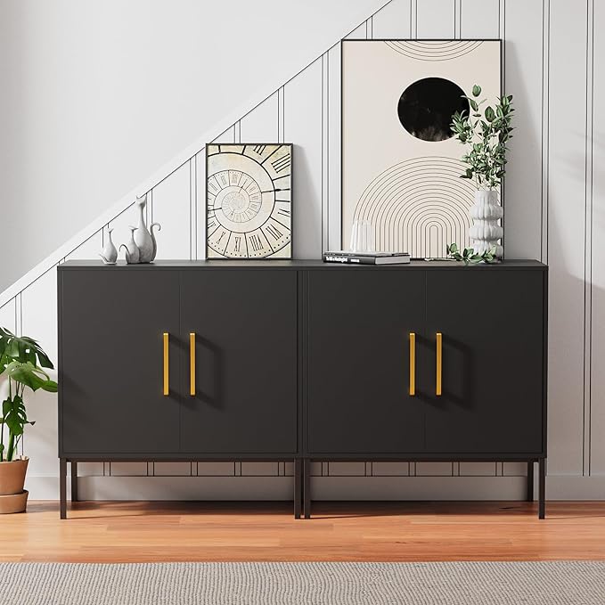 LYNSOM Storage Cabinet with Doors and Shelves, Free Standing Office Cabinet, Modern Wood Buffet Sideboard for Kitchen, Living Room, Bedroom, Hallway, Black