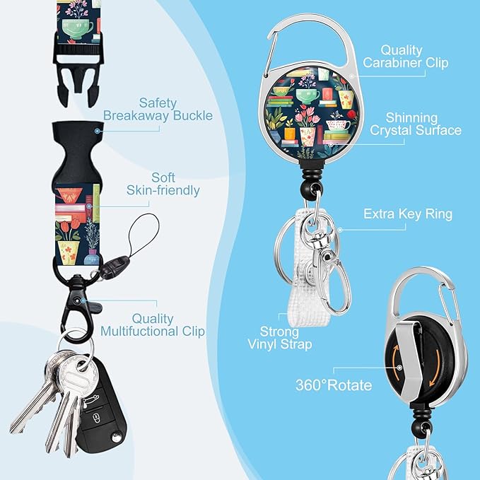 Gctriki Book Lanyards for Id Badges, Cute Badge Holder with Retractable Badge Reel Clip, Teacher Lanyard with ID Holder Keychain Clip Name Tag ID Card Holder for Women Work Office Accessories Gift