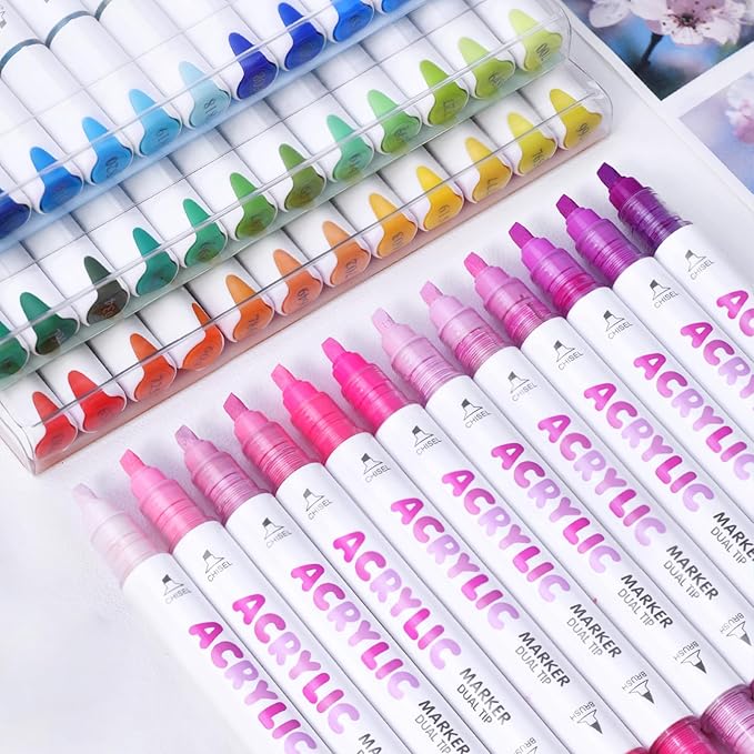 kander 12 Colors Dual Tip Acrylic Paint Markers, Reddish Brown Color — Extra Fine & Soft Brush Pen Set with Direct Ink Flow for Sketching, Detailing, Coloring on Wood, Canvas, Rock, Glass, DIY Crafts