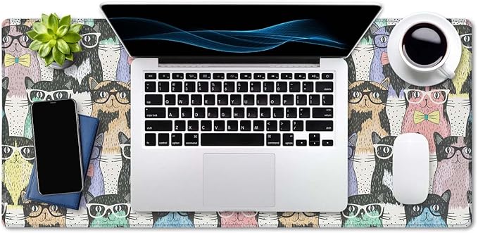 SSOIU Extended Gaming Mouse Pad Mat Large Desk Mat Non Slip Rubber Base Computer Desktop Laptop Keyboard Mouse Mat Stitched Edges, 35.5x15.7 in XXL Waterproof Mousepad for Work Game, Hipster Cute Cats