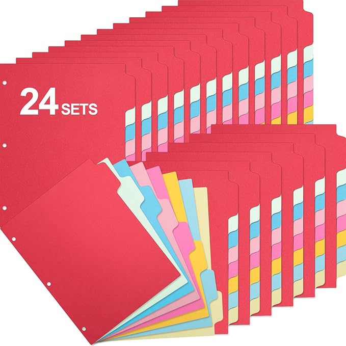 Thenshop 192 Pieces 24 Sets Binder Dividers with Tabs Bulk 8.5 x 11 Inch Write & Erase Big Paper 8 Tab Dividers for 3 Ring Binder(Colorful)