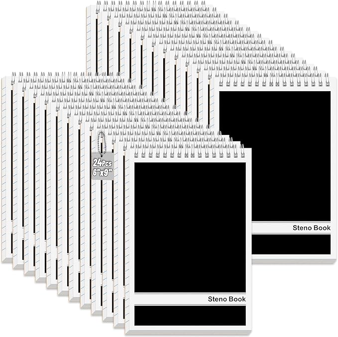 24 Pack Black Steno Pads 6 x 9 in Spiral Top Notebooks Bulk Note Pads 60 Sheets Gregg Rule Writing Paper Steno Notebooks for Students Teachers Men Women Professionals Office School Recording work