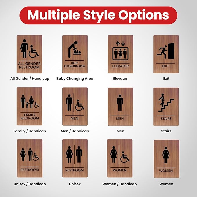 Promot Men and Women Restroom Sign – ADA Braille Bathroom Sign for Business, Self-Adhesive, 9" x 6", Commercial Door Signage, Office Wall Decor - Chestnut