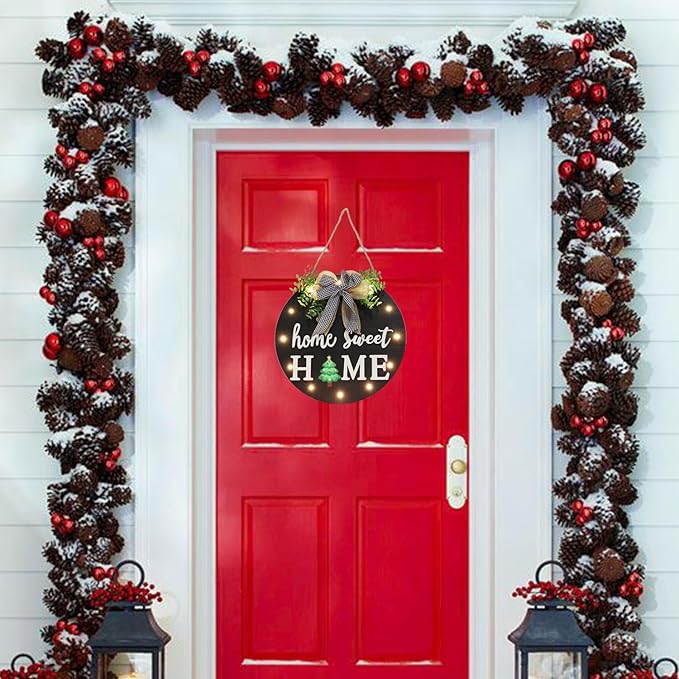 Interchangeable Welcome Sign for Front Door with 14 Changeable Icons, Farmhouse Front Porch Decor Rustic Wooden Wall Sign with 12 LED Lights, Outdoor Seasonal Welcome Home Decorations (Black1)