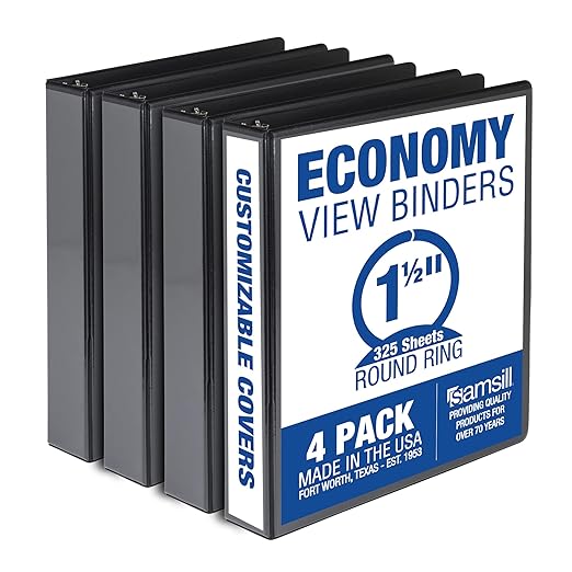 Samsill 1.5 Inch 3 Ring Binders, Made in USA, Economy Round Ring, Clear View Cover, 325 Sheet Capacity - for School, Home, Office - Black, 4 Pack