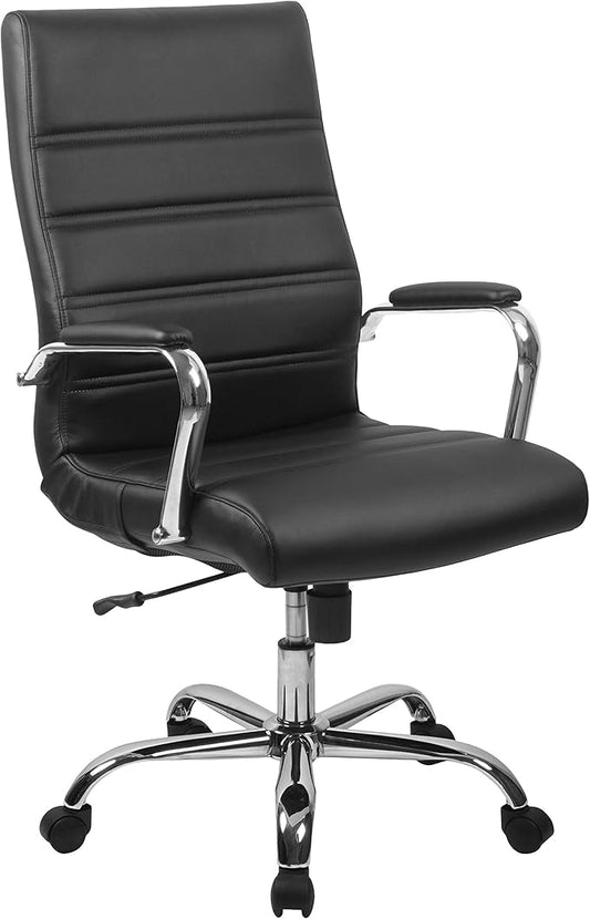 Flash Furniture Whitney High-Back Swivel LeatherSoft Desk Chair with Padded Seat and Armrests, Adjustable Height Padded Office Chair, Black/Chrome