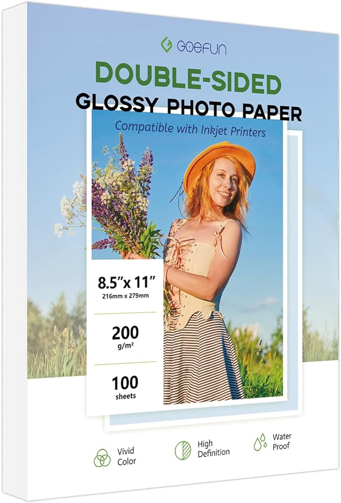 Double Sided Glossy Photo Paper 8.5x11 100 Sheets, Goefun 200GSM/54LB Inkjet Printer Paper 8.5 x 11 Glossy for Crafting, Chip Bags, Calendars, Menus, Cards and Invitations
