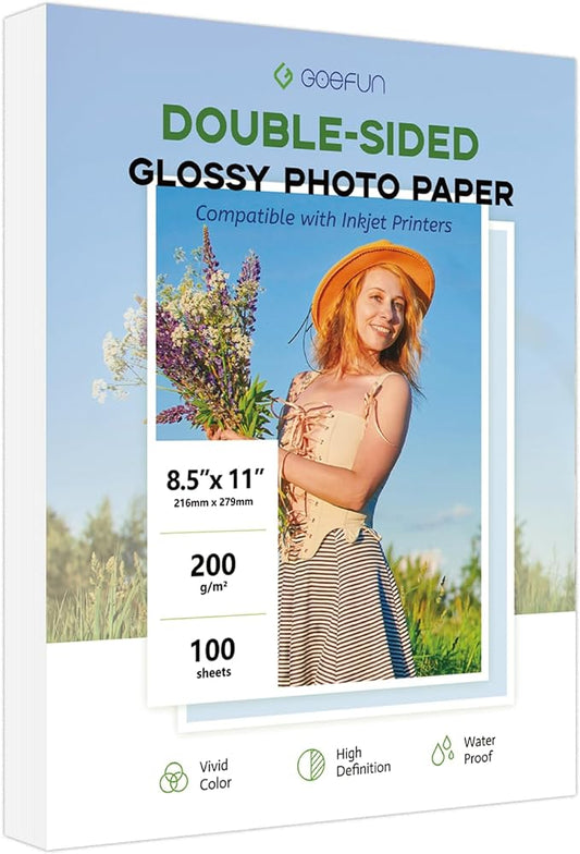 Double Sided Glossy Photo Paper 8.5x11 100 Sheets, Goefun 200GSM/54LB Inkjet Printer Paper 8.5 x 11 Glossy for Crafting, Chip Bags, Calendars, Menus, Cards and Invitations