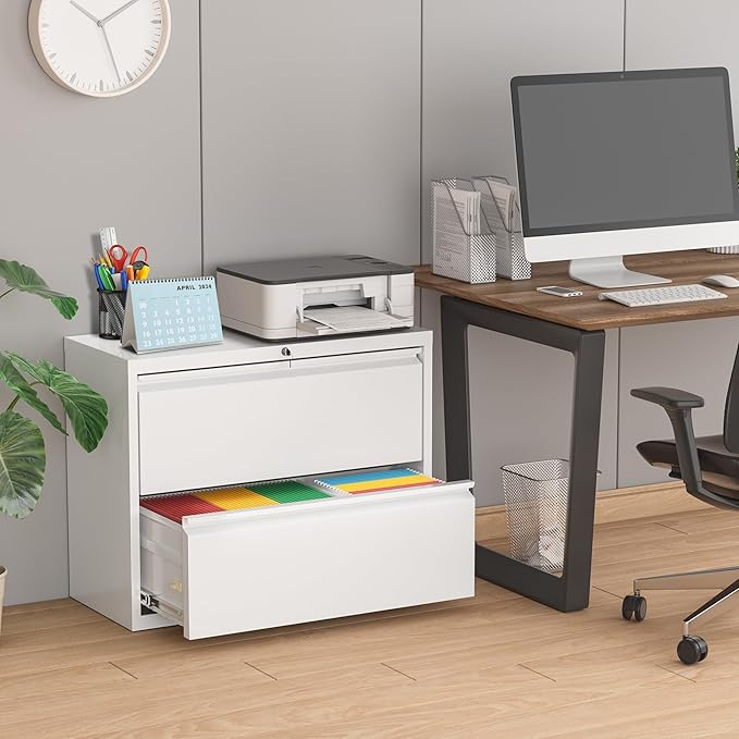 Pataku Lateral File Cabinet, 2 Drawer File Cabinet with Lock, White Filing Cabinets for Home Office, Metal File Cabinet for Hanging Files/Letters/Legal/F4/A4(White)