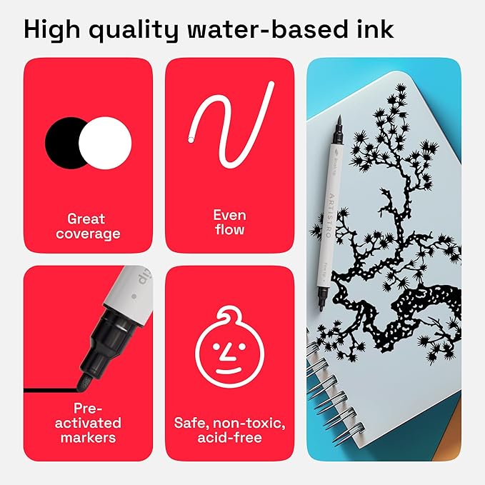 ARTISTRO 2 Black Dual-Tip Acrylic Paint Pens - Multisurface Markers for Fabric, Plastic, & More, 1 mm Fine & Brush Tips