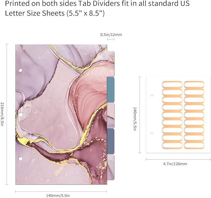 Ospelelf Mini 3 Ring Binder 2 Inch, Cute Binder for 5.5" x 8.5" with 5 Tab Dividers, File Folder Labels and Low Profile Clipboards, Pink Marble Binder for School Supplies and Office Supplies