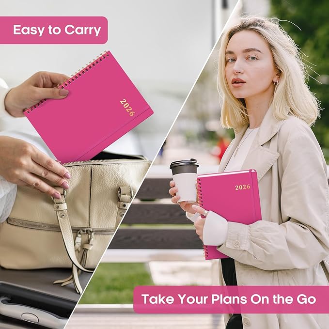 2026 Planner, Weekly and Monthly Calendar Planner Book, January 2026 - December 2026, Hardcover Spiral Planner with Monthly Tabs, Notes Pages, Perfect for Women & Men, A5 (6.4" x 8.5") - Hot Pink