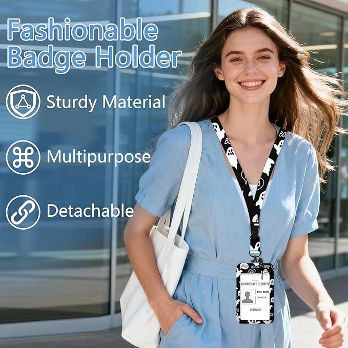 Halloween Badge Holder Reel Lanyard,Ghost ID Card Badge Holder Retractable Name Tag Clips for Doctor Nurse Teacher Office Student