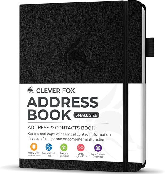 Clever Fox Address Book with alphabetic tabs - PU leather telephone and address book for keeping contacts safe, Contact Organizer Journal, Small Size (4.0″ x 5.5″), Hardcover, Black