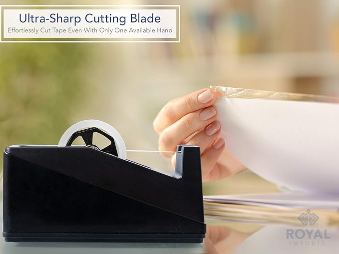 Royal Imports Desktop Tape Dispenser Adhesive Roll Holder (Fits 1" & 3" Core) Heavy Duty Premium for Office, Home, School, Library, Crafts, Moving, Giftwrapping with Weighted Nonskid Base, Black