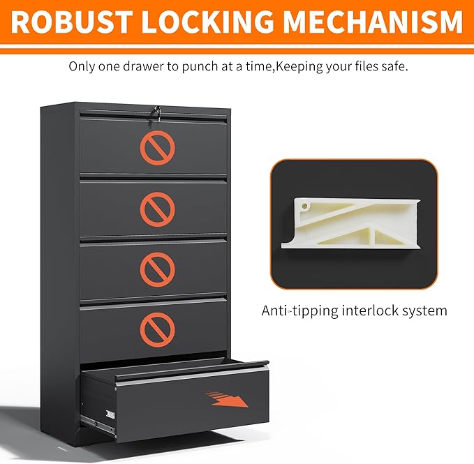 Locking File Cabinet with 5 Drawer Heavy Duty Large Metal Filing Cabinet Home Office Lateral File Cabinets Wide Steel Cabinets for Legal/Letter Size Files,Assembly Required