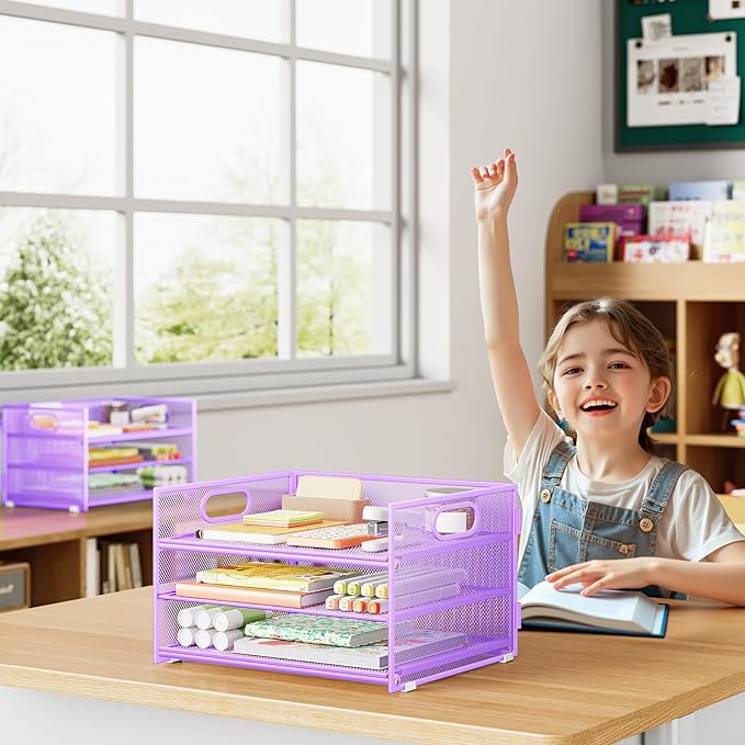 Subekyu 2-Pack 3-Tier Purple Metal Mesh Desk Paper Letter Tray & File Sorter Organizer with Handle + 1 Sliding Tray for Desk, Home, Office, School Supplies, A4 Paper and Accessories Storage