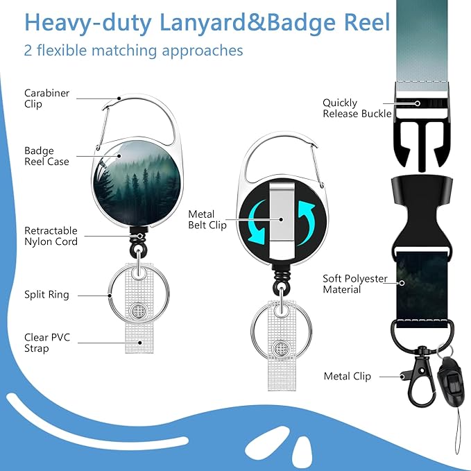 Lanyards with Id Holder, Misty Forest ID Badge Holder with Retractable Lanyard, ID Holder with Badge Reel Clips, Name Tag ID Card Holder Teacher Women Doctor Office Gift